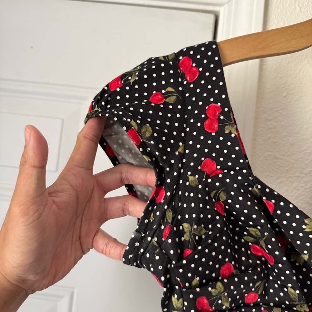 STOP STARING! black white red cherry polka dot fruit mod pinup sheath midi dress - Picture 2 of 7